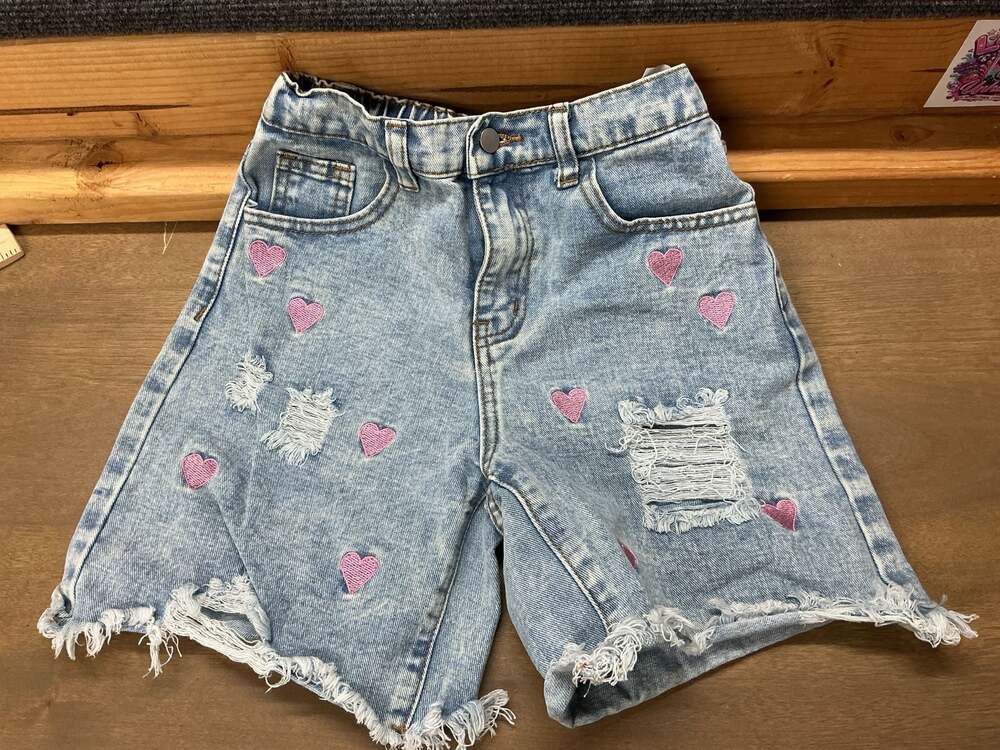 Tween Girl Pink Heart Embroidered Ripped Raw Hem Denim Shorts Size 11Y